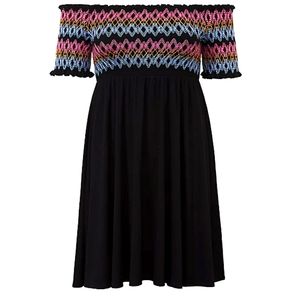 BLACK EMBROIDERED ERSEY OFF SHOULDER SKATER DRESS